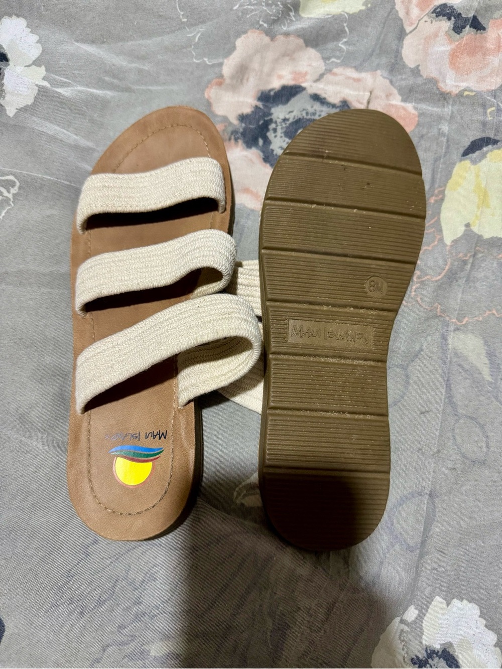 Maui Island Triple-Strap Slide Sandals in Cream and Brown